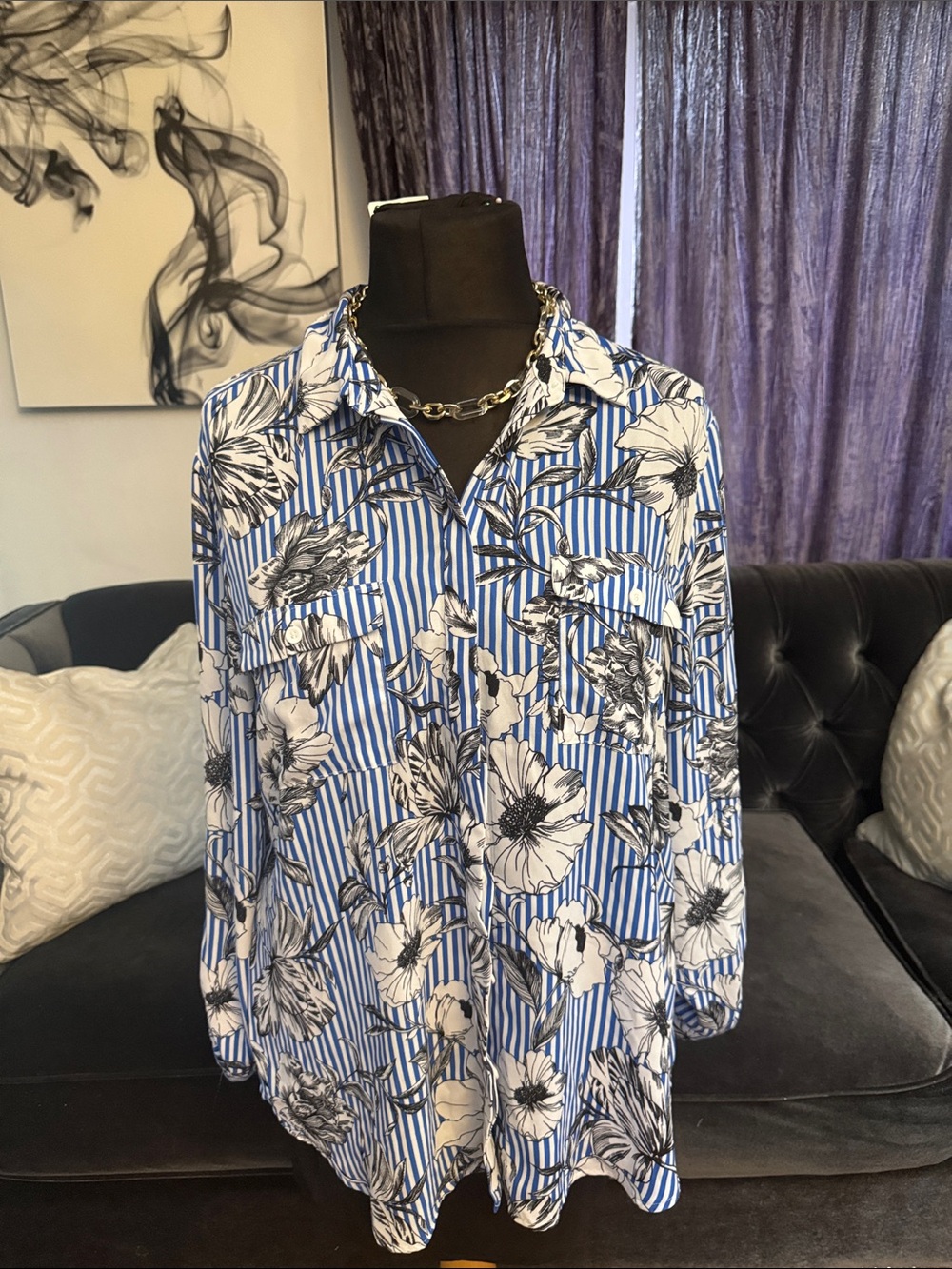 Jones Studio Blue & White Striped Floral Button-Down Shirt